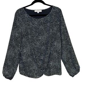 LOFT Womens Blouse Black White Polka Dot Large Twist Front Long Sleeve Top